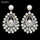 Luxurious Statement Crystal Simulated Pearl Bridal Big Long Drop Earrings