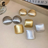 French Luxury Vintage Brushed Gold, Silver Color Round, Square Stud Earrings