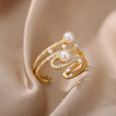Adjustable Luxury Three Layers Zircon Pearls Stainless Steel Ring 2022