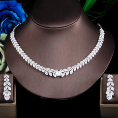Elegant Sparkling Leaf Cubic Zirconia Engagement Necklace & Drop Earrings