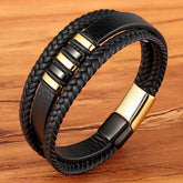 3 Layers Black Leather & Stainless Steel Magnetic Button Bracelets
