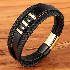 3 Layers Black Leather & Stainless Steel Magnetic Button Bracelets