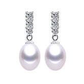 Natural Freshwater Pearl Drop Earrings with Shiny Zircon stones and 925 Sterling Silver