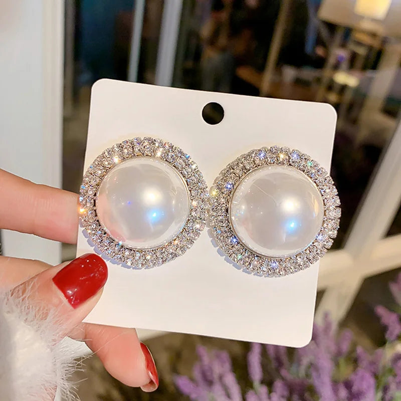 Big Exquisite Pearl Studs Zircon Crystal Statement Earrings