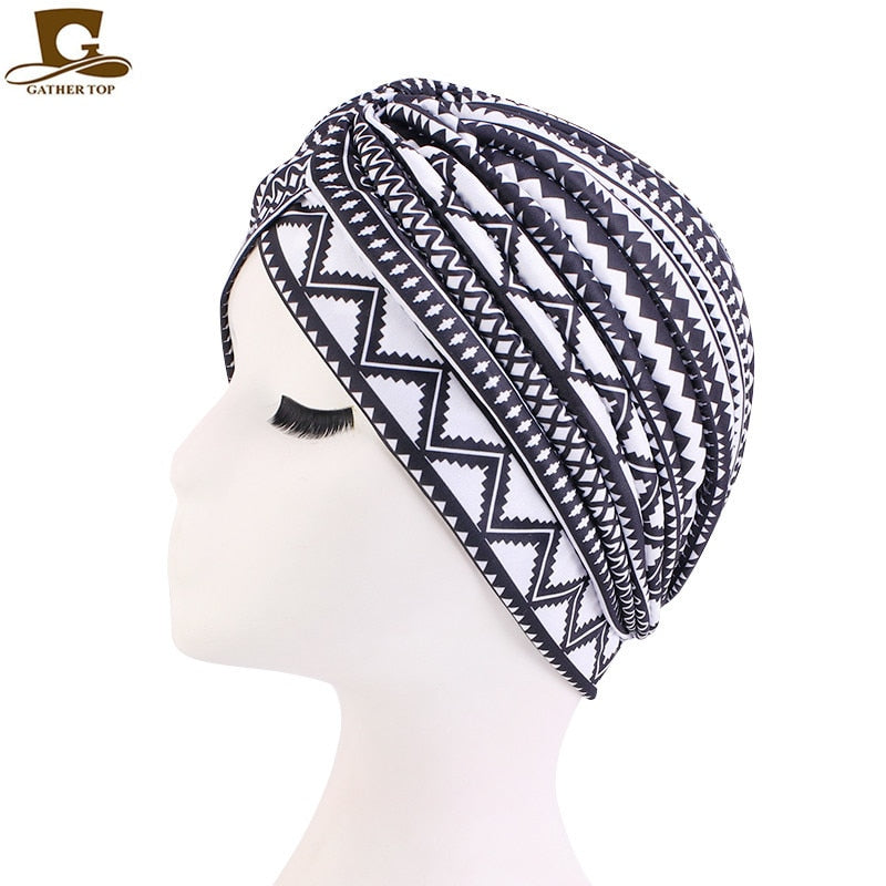 Print Flower Knot Ruffle Head Wrap and cap