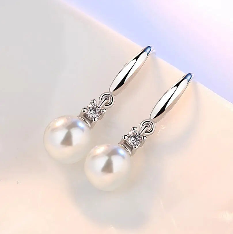 925 Sterling Silver Zirconia 8mm/10mm/12mm Pearl Water Drop Tassel Earrings