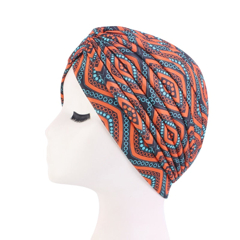 Print Flower Knot Ruffle Head Wrap and cap