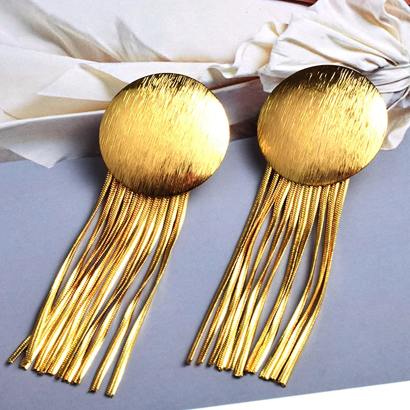 High-Quality Long Gold Color Metal Chain Tassel Earrings