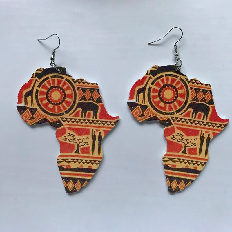 Black Queen Wood Africa Map hollow out Heart Vintage Earrings