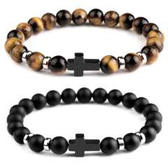 Natural Stone Hematite Stainless Steel Cross Elastic Bracelets