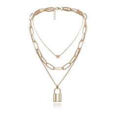 Multi layers chains with heart lock padlock pendant necklaces