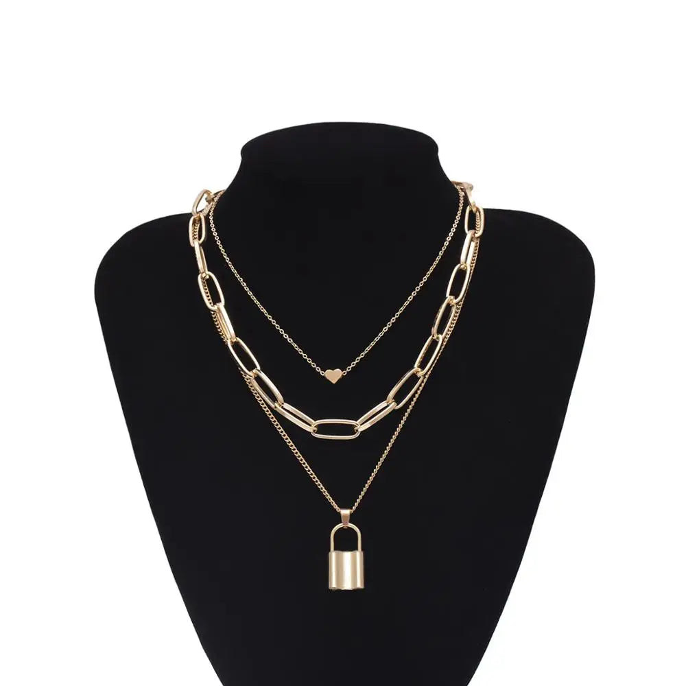 Multi layers chains with heart lock padlock pendant necklaces