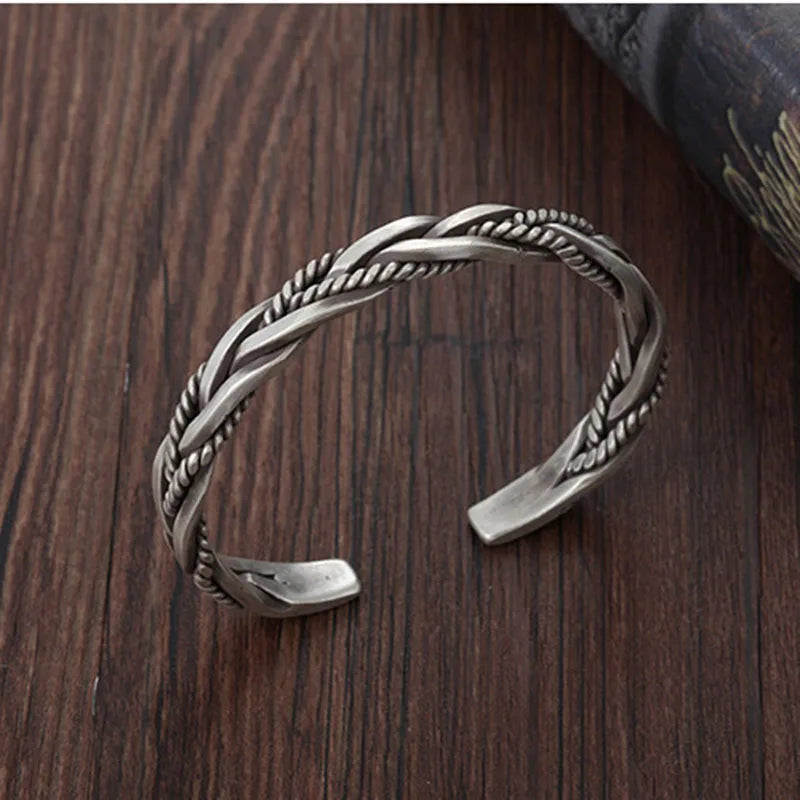 Silver Color Twisted Woven Neutral Retro Handmade Exquisite Unique Opening Bracelet