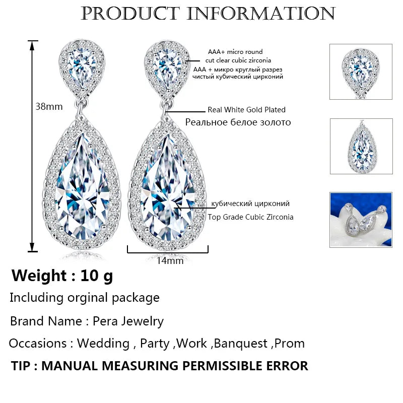 Pera Classic Big Water Drop AAA+ Cubic Zirconia Silver Color Luxury Wedding Bridal Long Dangle Earrings Jewelry for Brides E633