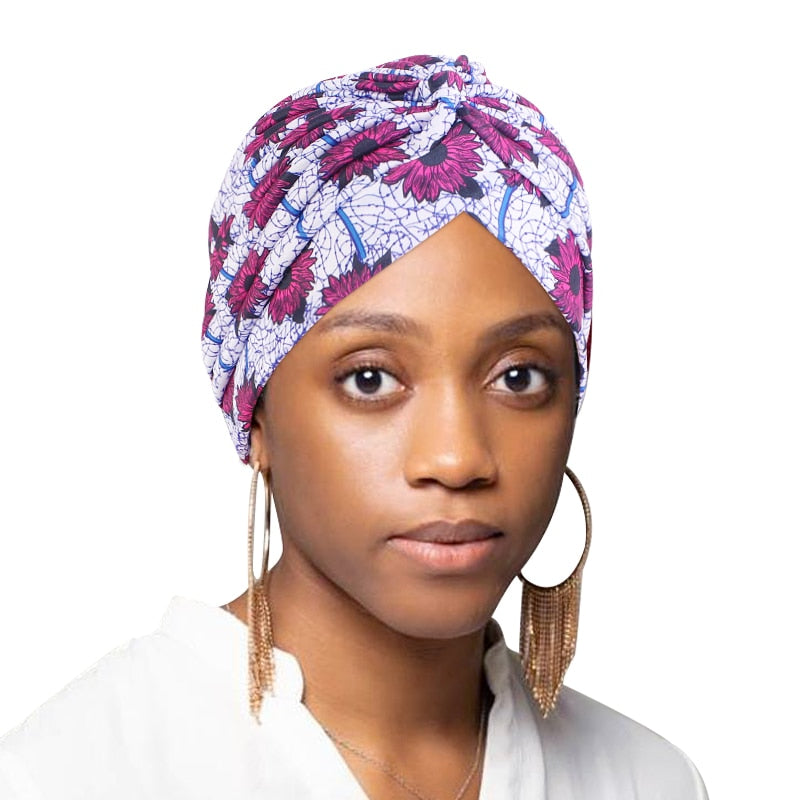 Print Flower Knot Ruffle Head Wrap and cap