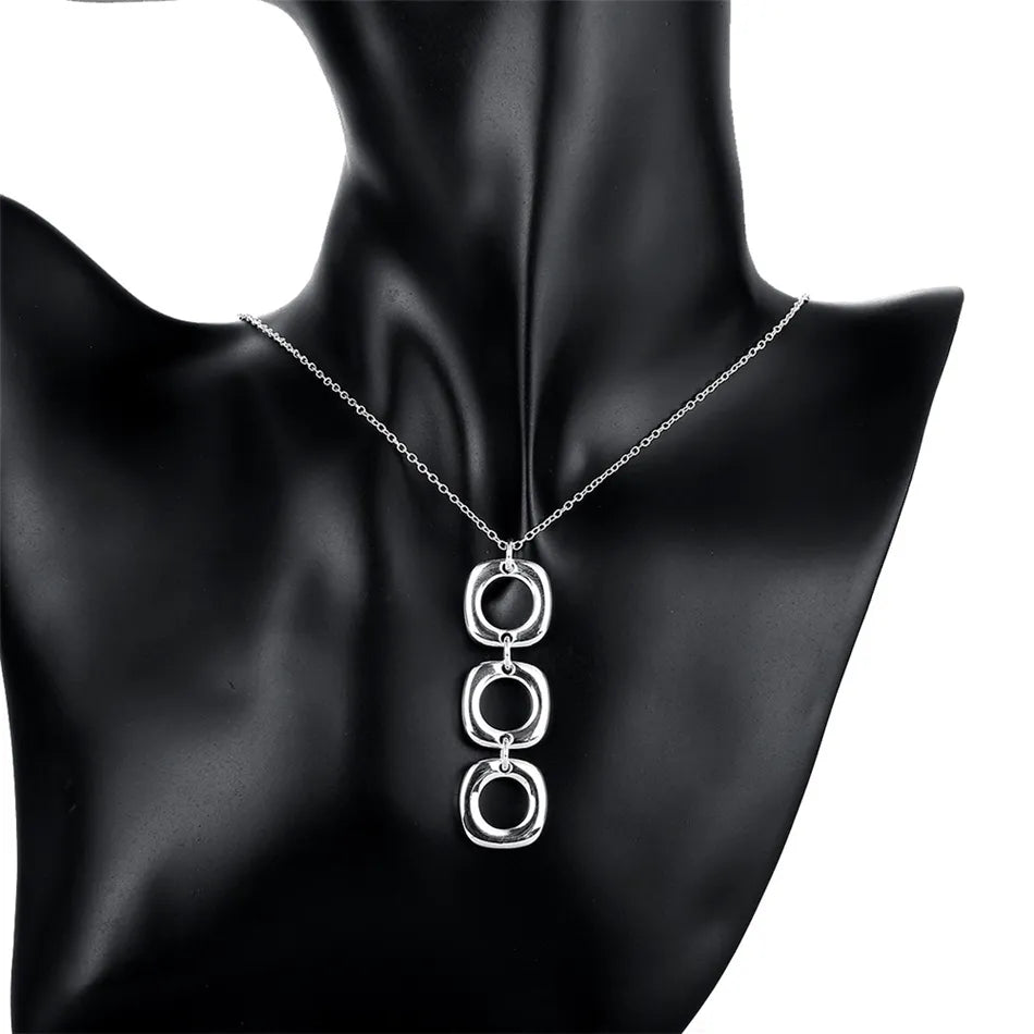 925 Sterling Silver Round Square Necklace Earring Set