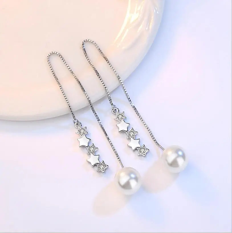 925 Sterling Silver Earrings 5 pcs Star Zirconia Simulated Pearl Long Tassel Earrings