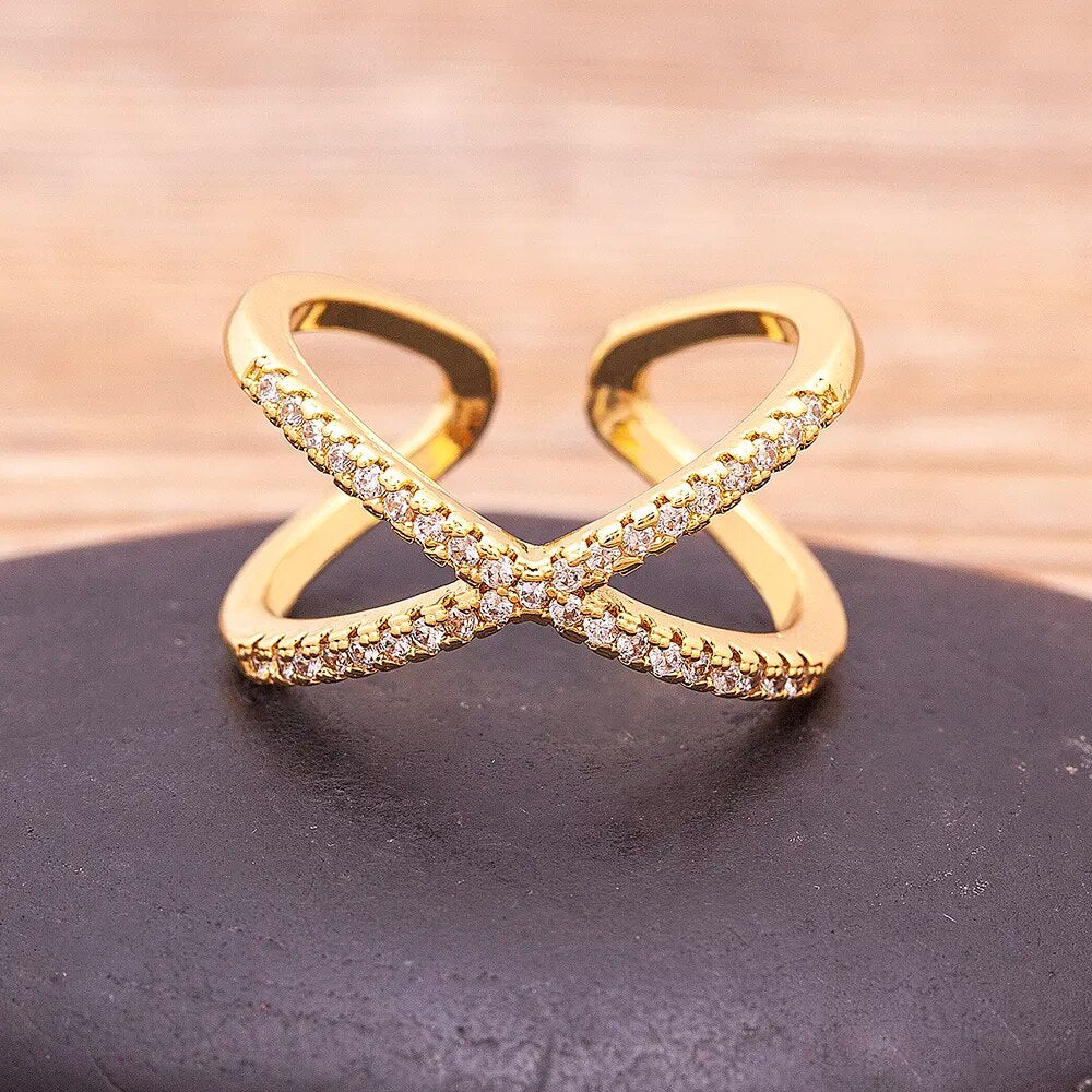 Luxury Cross X Shape Women Ring Full Paved Zircon Gold Color Adjustable Ring