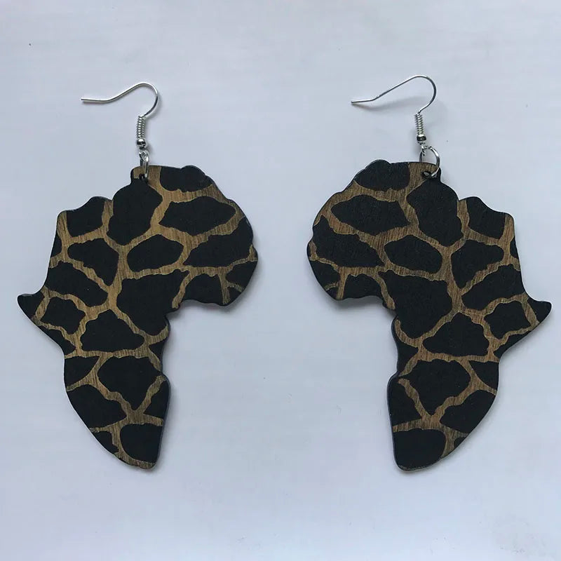 Black Queen Wood Africa Map hollow out Heart Vintage Earrings