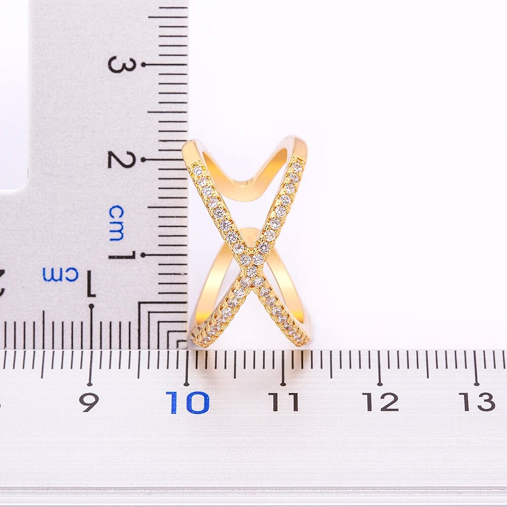 Luxury Cross X Shape Women Ring Full Paved Zircon Gold Color Adjustable Ring