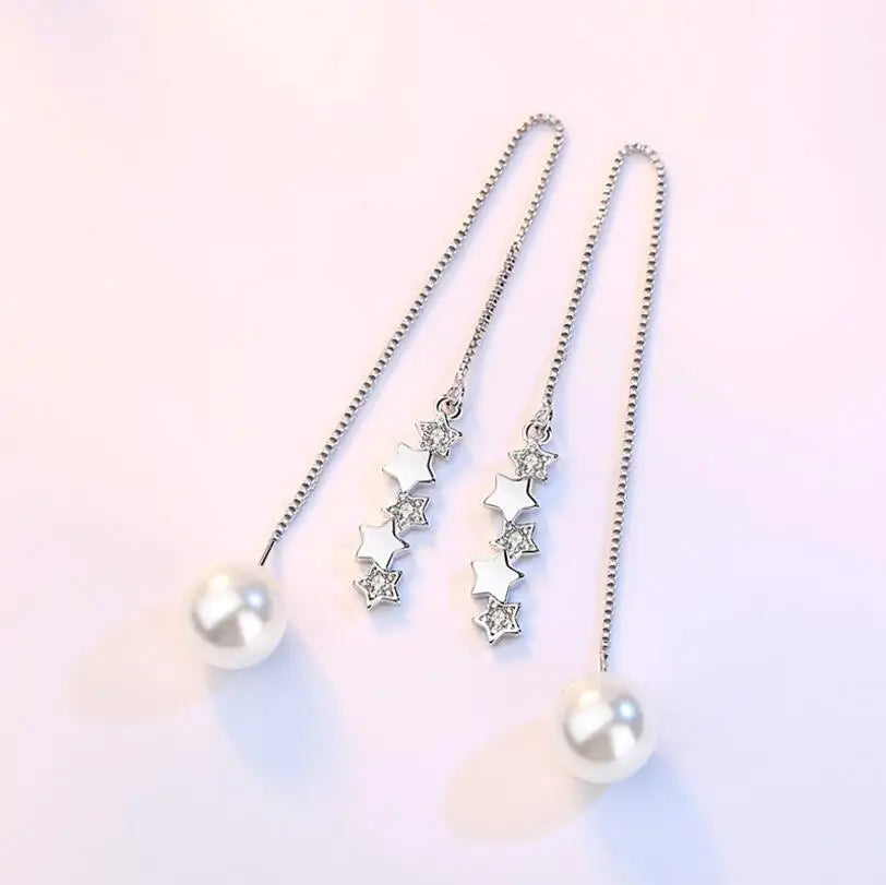 925 Sterling Silver Earrings 5 pcs Star Zirconia Simulated Pearl Long Tassel Earrings