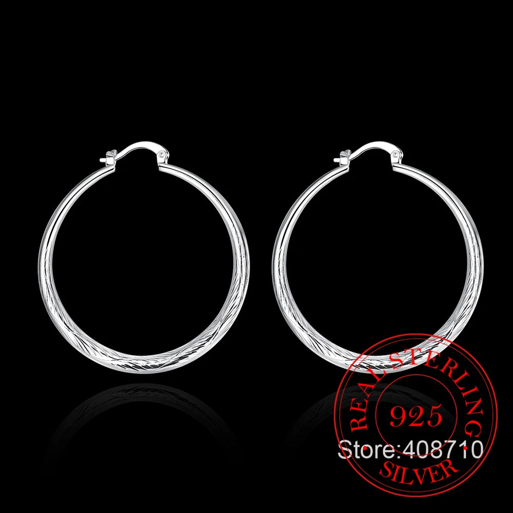 925 Sterling Silver Round Large Circle 4.0cm Piercing Hoop Earrings