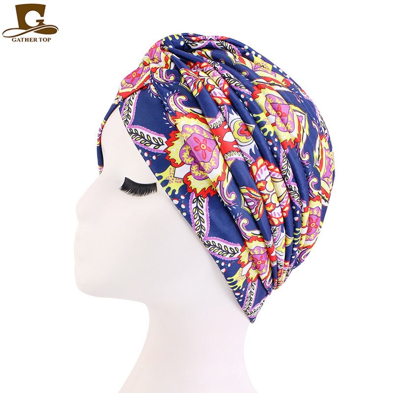 Print Flower Knot Ruffle Head Wrap and cap