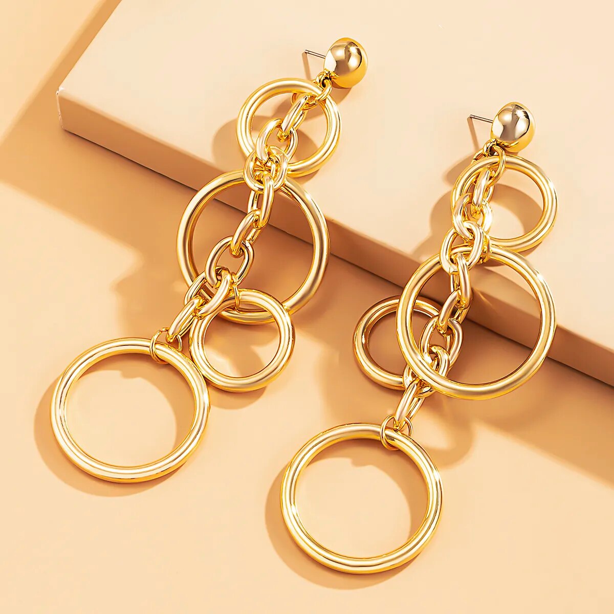 Long Statement Circle, Link, hoop Chain Drop Earrings