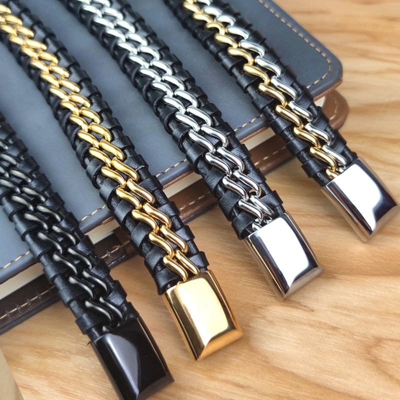 Genuine Leather Chain Bracelet Magnetic Stainless Steel Clasp