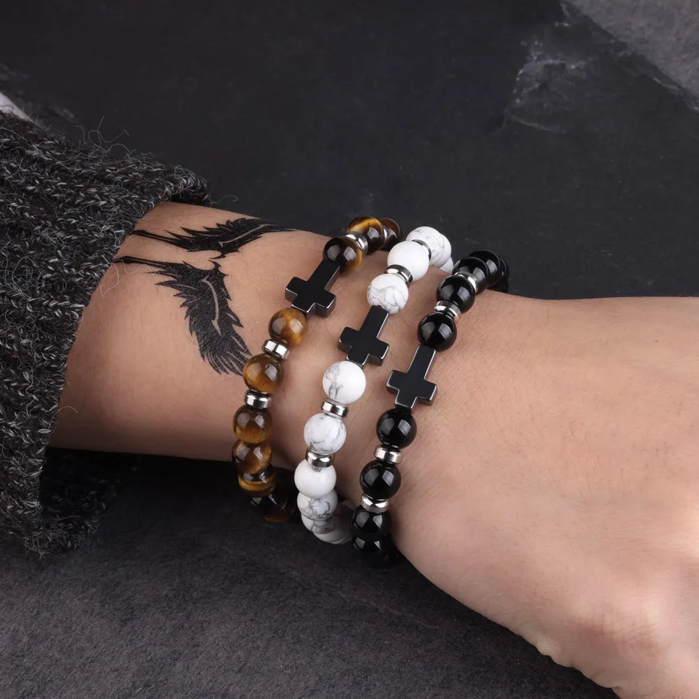 Natural Stone Hematite Stainless Steel Cross Elastic Bracelets