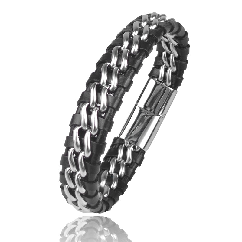 Genuine Leather Chain Bracelet Magnetic Stainless Steel Clasp