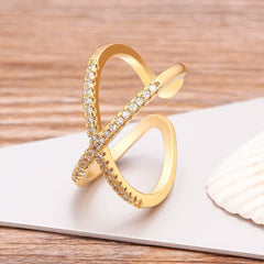 Luxury Cross X Shape Women Ring Full Paved Zircon Gold Color Adjustable Ring