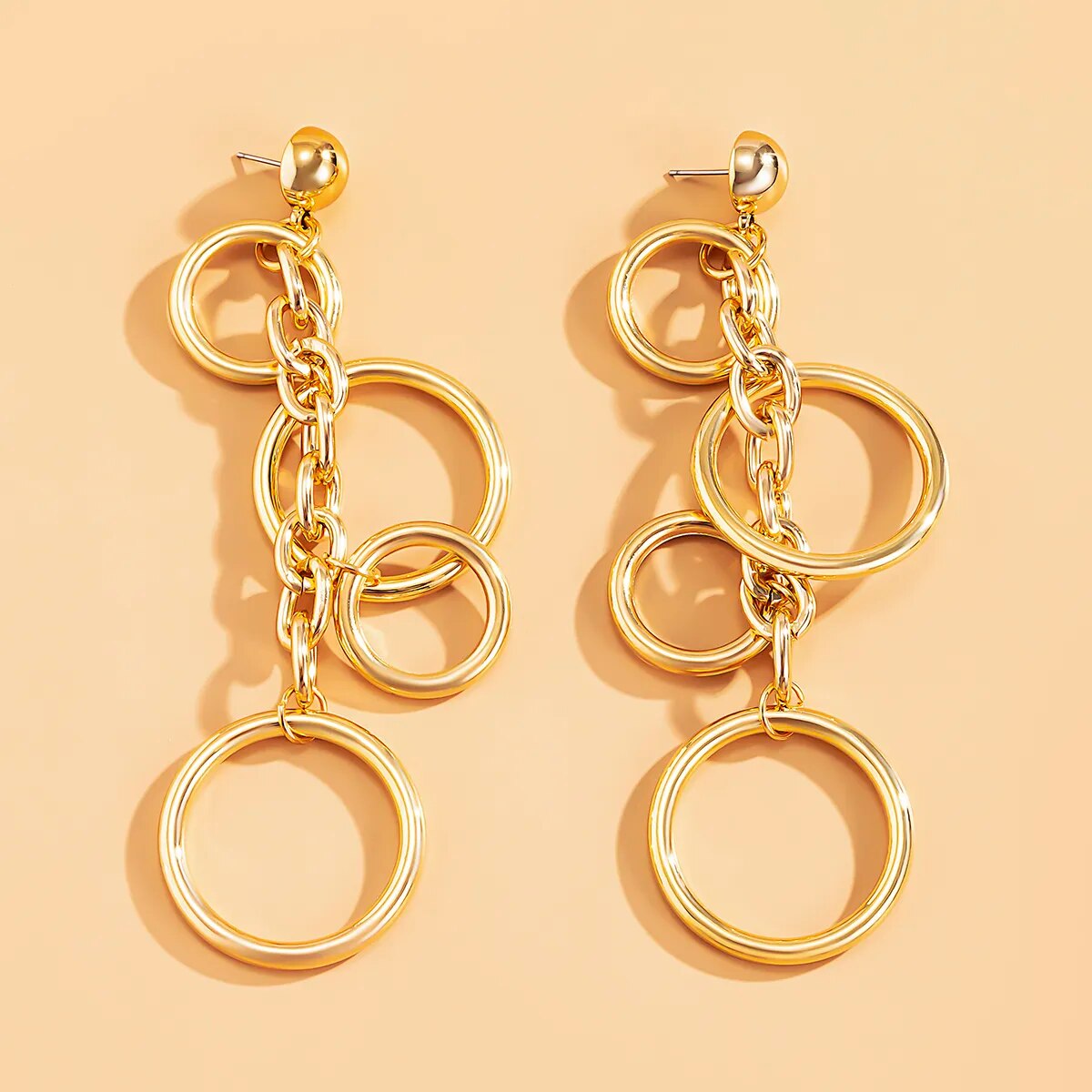 Long Statement Circle, Link, hoop Chain Drop Earrings