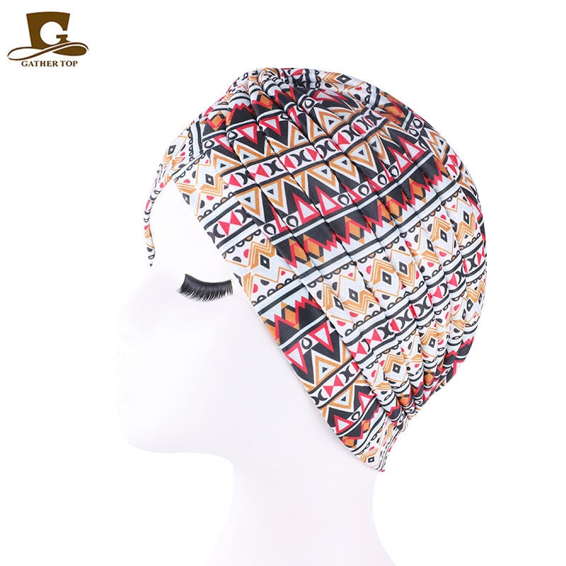 Print Flower Knot Ruffle Head Wrap and cap