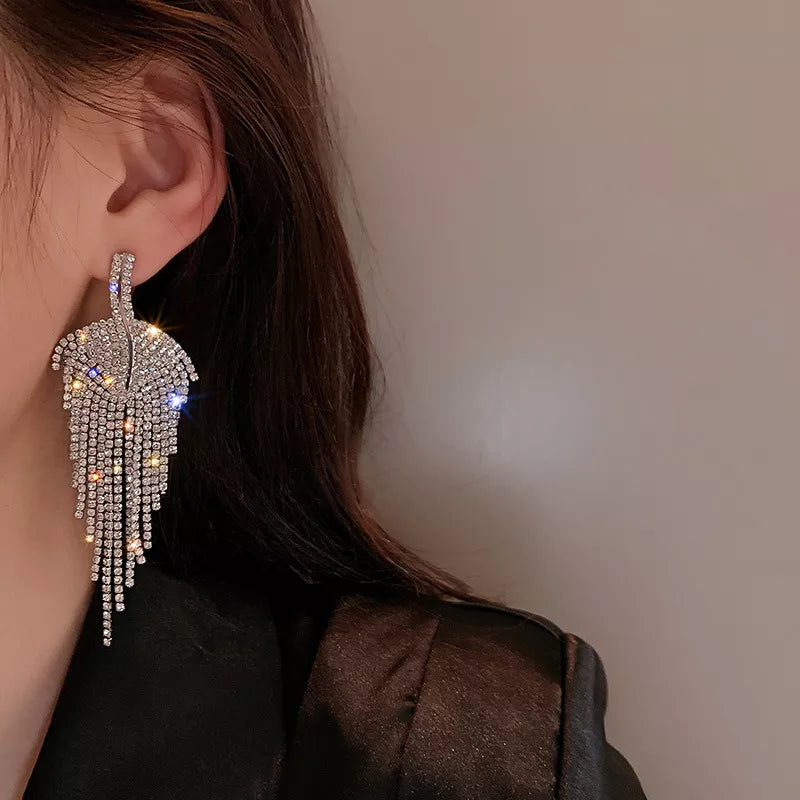 Luxury Leaf Shiny Rhinestone Tassel Earrings