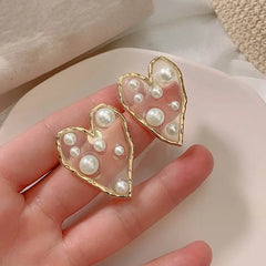 Transparent Personality Pearl Paved Heart & Star Big Earrings