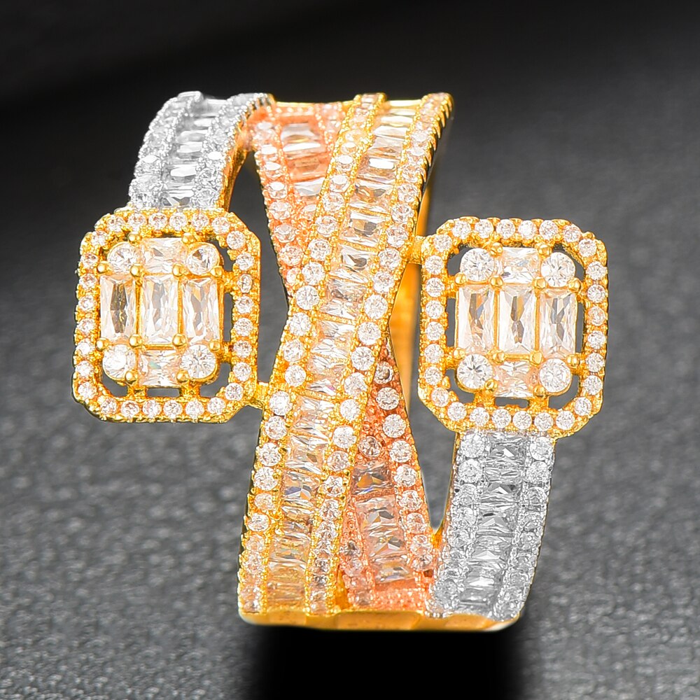 High Quality Cross Layered Statement Cubic Zircon Stacks Finger Ring