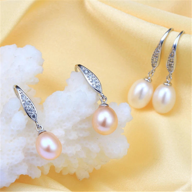 Freshwater Cultured Drop Pearl 925 Sterling Silver Dangle Zircon Earrings