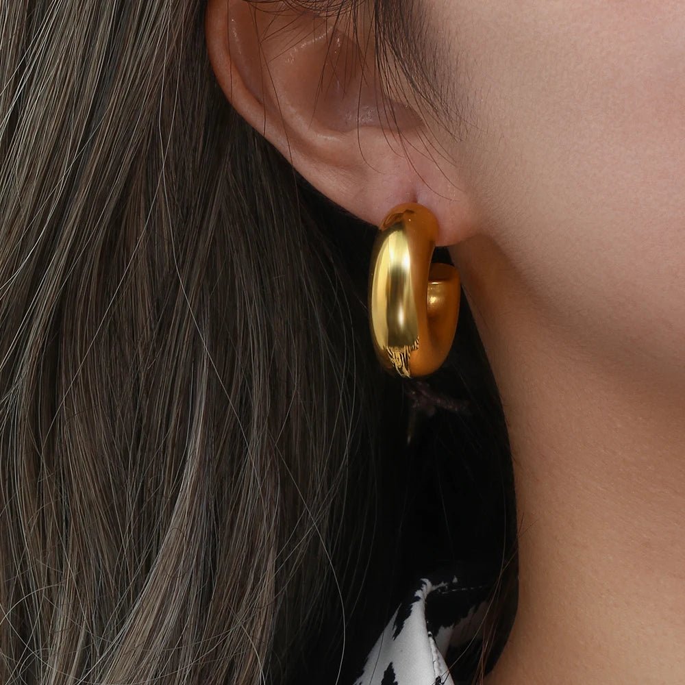 Stainless Steel High Grade Hollow Chunky Bold Gold Colour Hoop Earrings