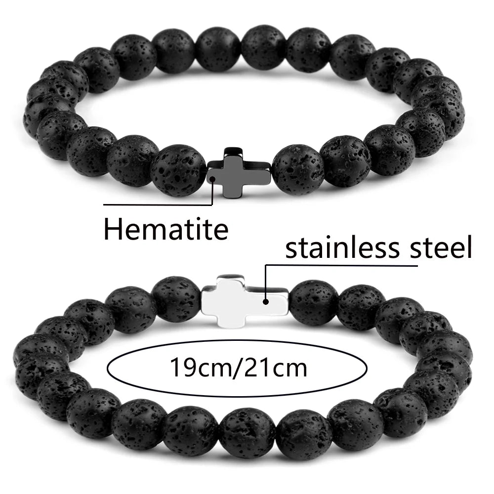 Natural Stone Hematite Stainless Steel Cross Elastic Bracelets