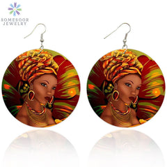 Black Beauty African Art Wooden Head wrap handmade Drop Earrings