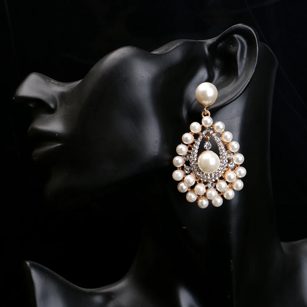 Luxurious Statement  Crystal Simulated Pearl Bridal Big Long Drop Earrings