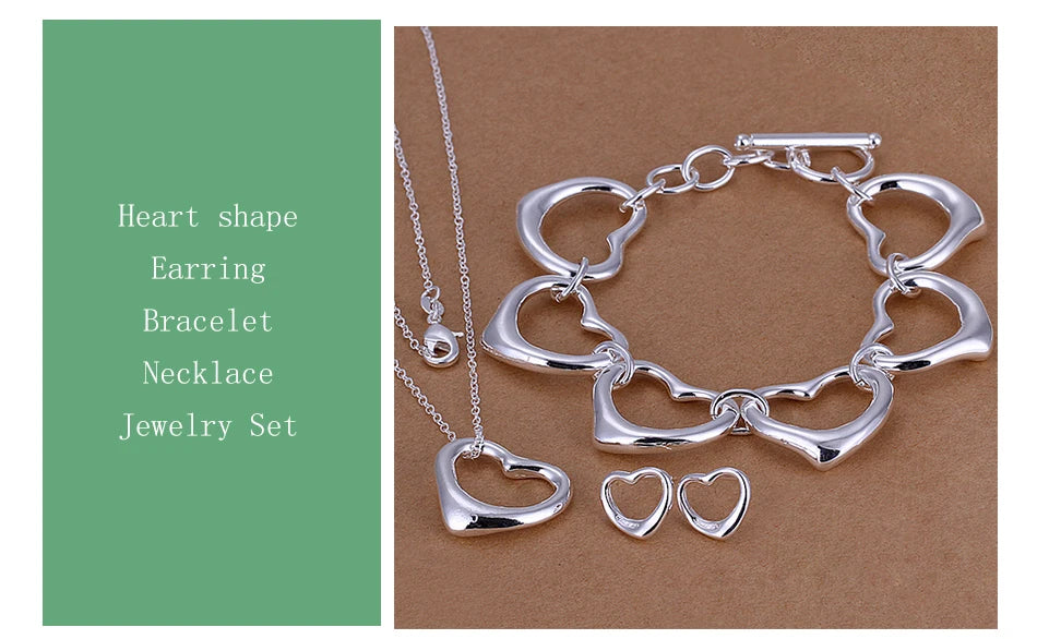 Love Heart 925 Sterling Silver Necklace Earrings Bracelet Jewellery Set