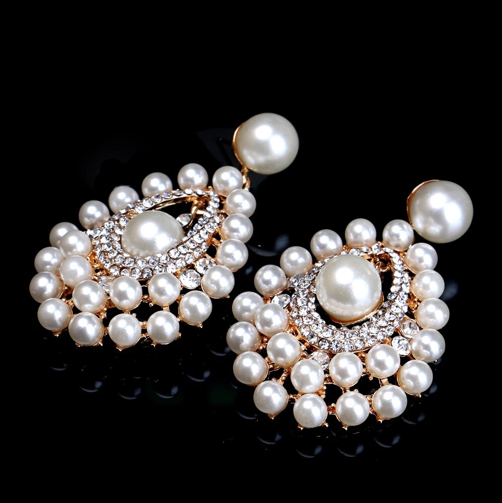 Luxurious Statement  Crystal Simulated Pearl Bridal Big Long Drop Earrings