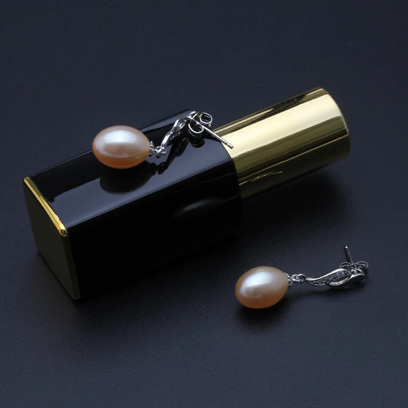 Genuine Natural freshwater black, white grey rice Pearl stud 925 sterling silver pearl earrings