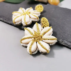 Handmade Shell Beaded Drop Large Flower Big Statement Earrings