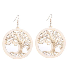 Ethnic African Round Wooden Hollow Big Life Tree Pendant Statement Earrings