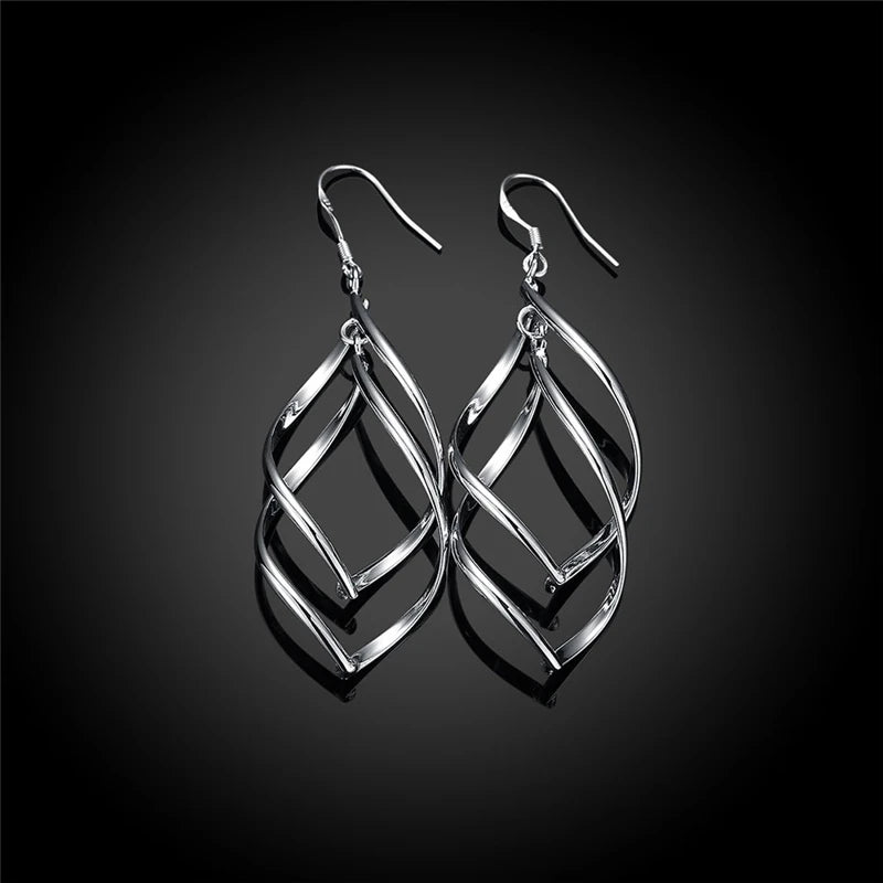 925 Sterling Silver Geometric Surround Twist Drop Earrings