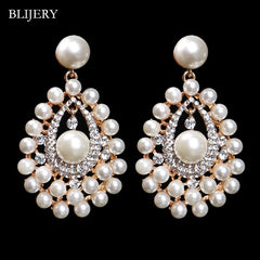 Luxurious Statement  Crystal Simulated Pearl Bridal Big Long Drop Earrings