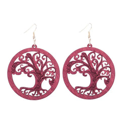 Ethnic African Round Wooden Hollow Big Life Tree Pendant Statement Earrings